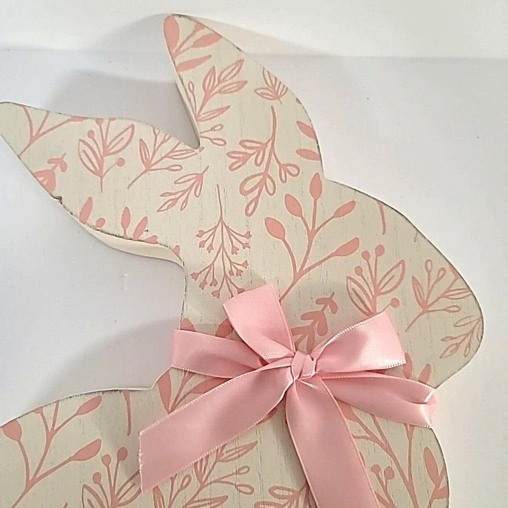 Wooden Pink Easter Bunny Silhouette with Floral Print & Pink Bow‎ 10-5/8